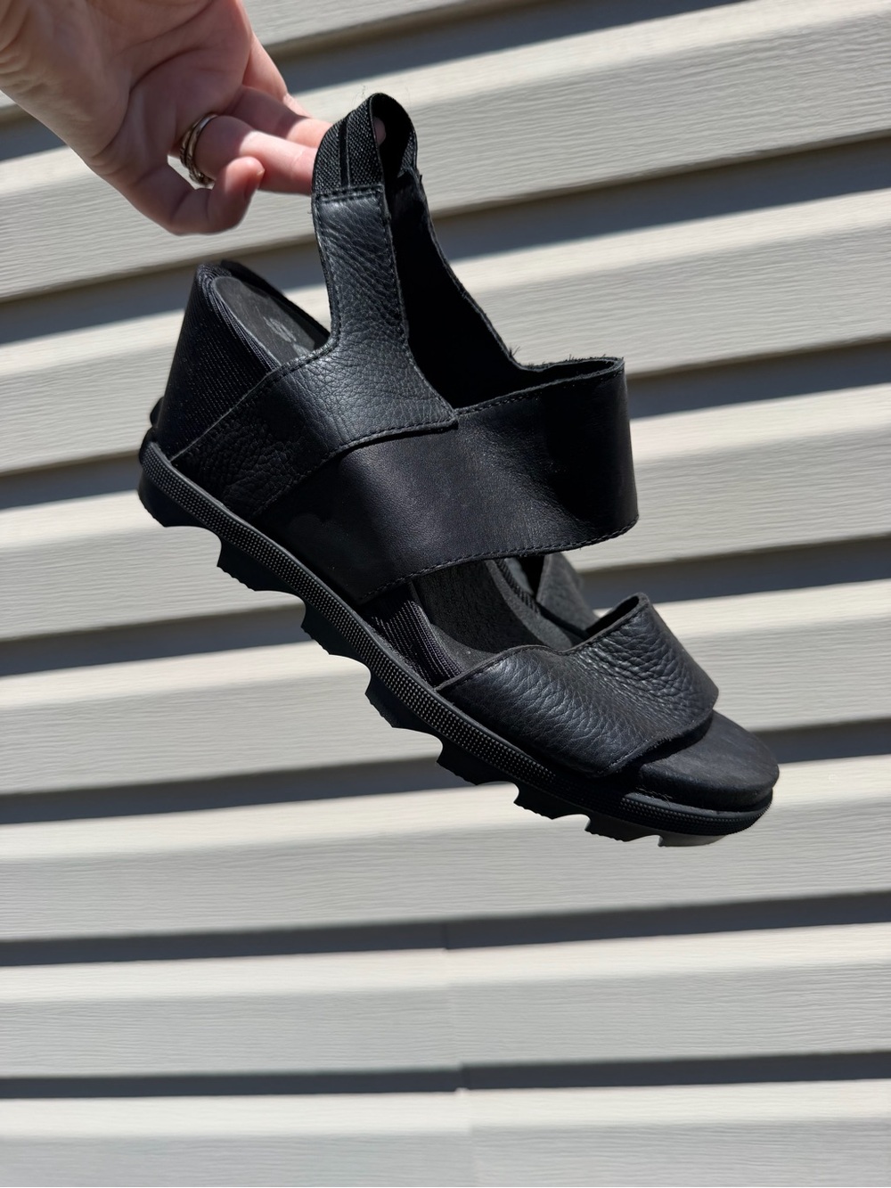 Sorel Black Leather Wedge Sandal
